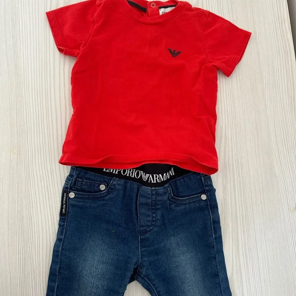 Emporio Armani complete outfit: stretch jeans and matching red short shi…